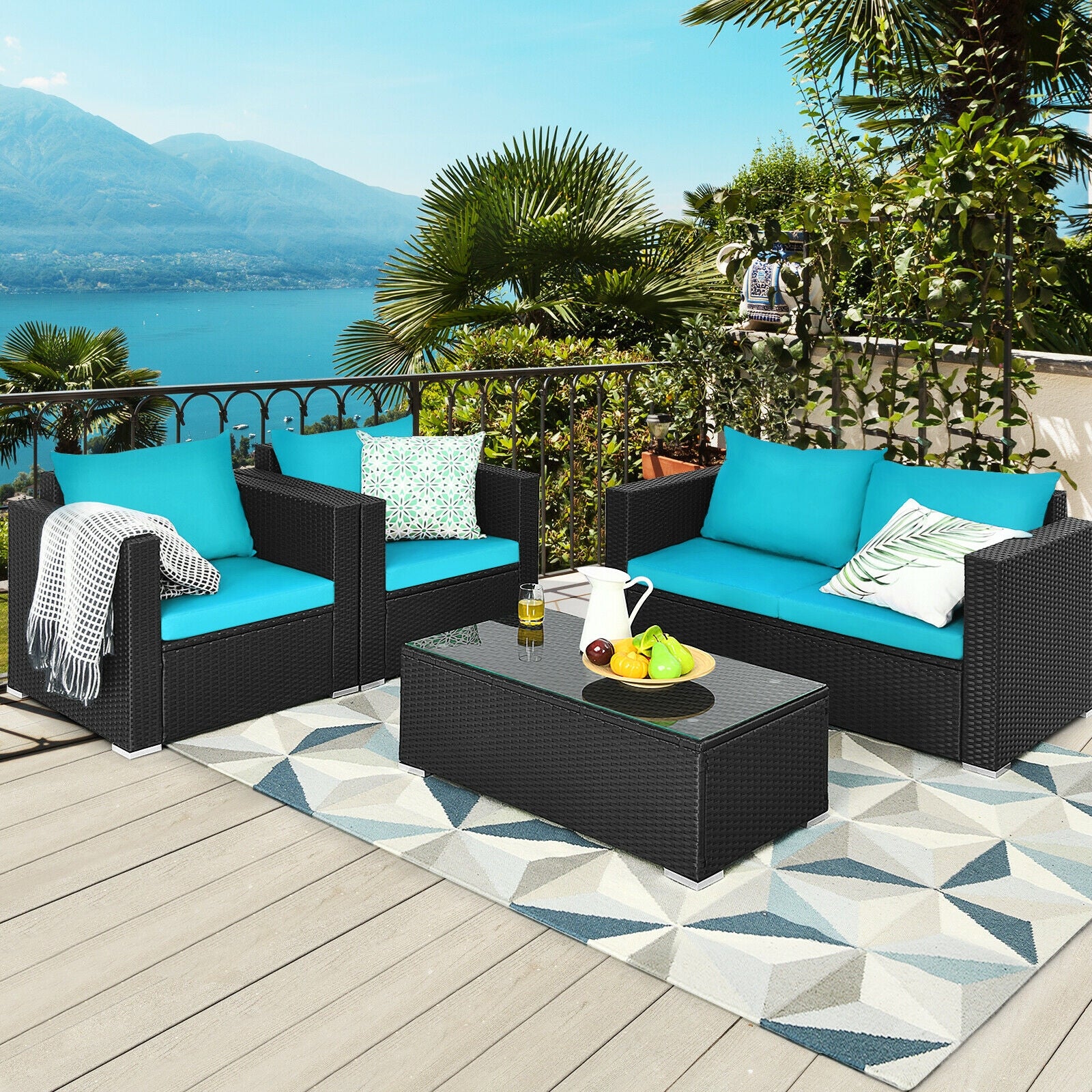 Ensemble de 4 meubles de patio en rotin coussiné - Turquoise