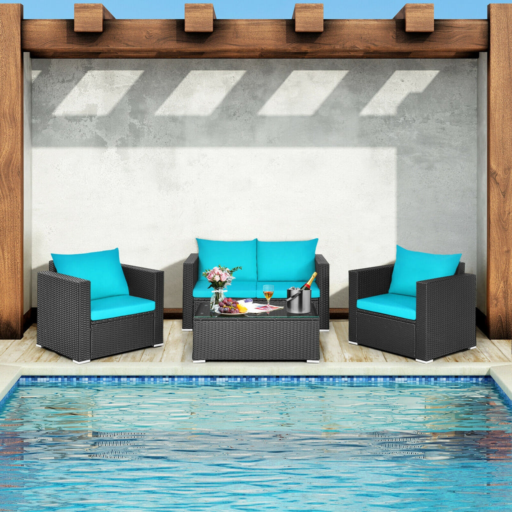 Ensemble de 4 meubles de patio en rotin coussiné - Turquoise