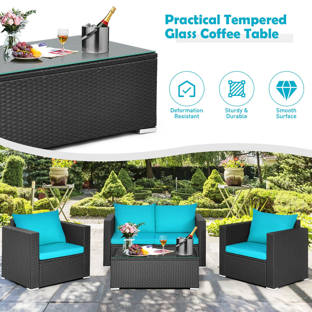 Ensemble de 4 meubles de patio en rotin coussiné - Turquoise