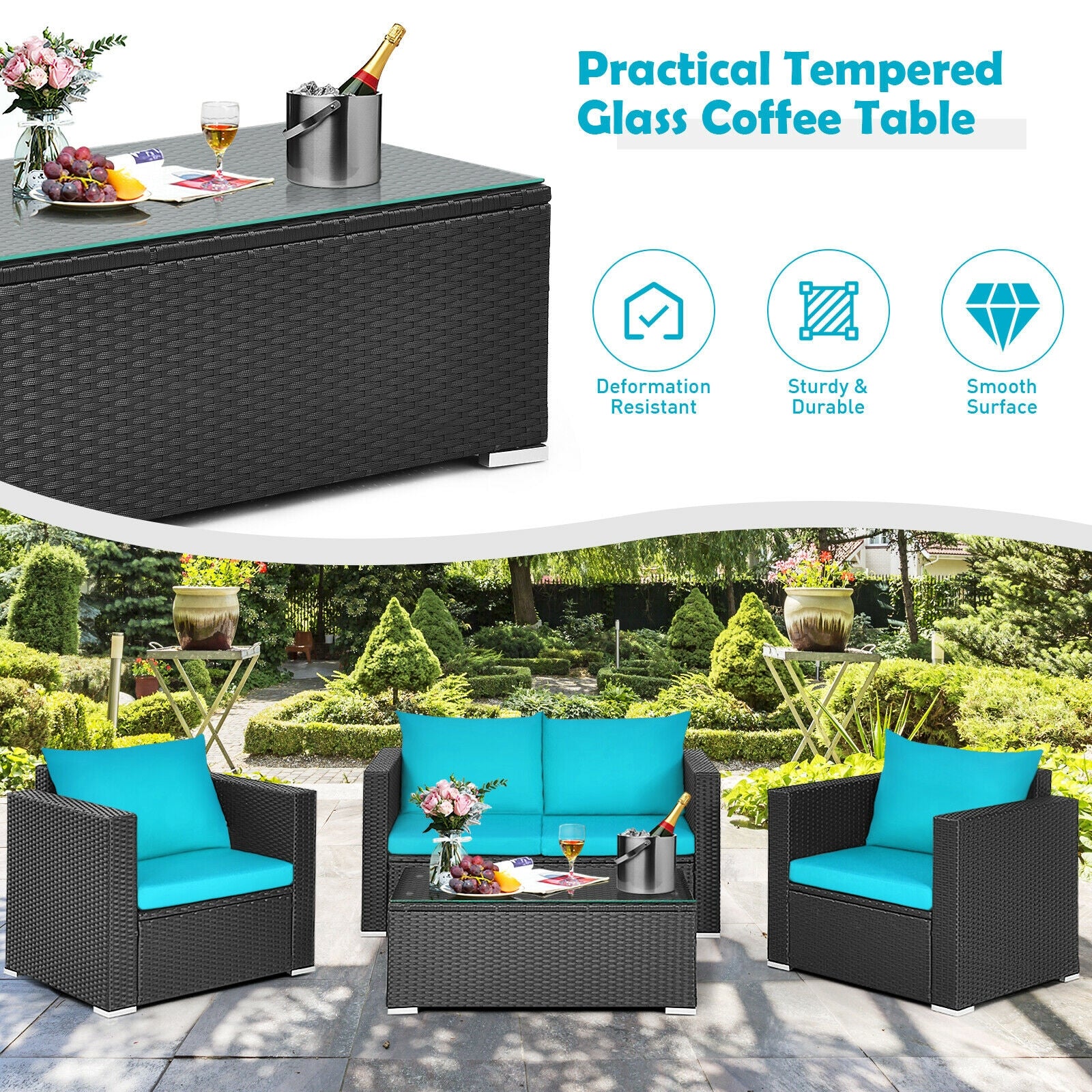 Ensemble de 4 meubles de patio en rotin coussiné - Turquoise