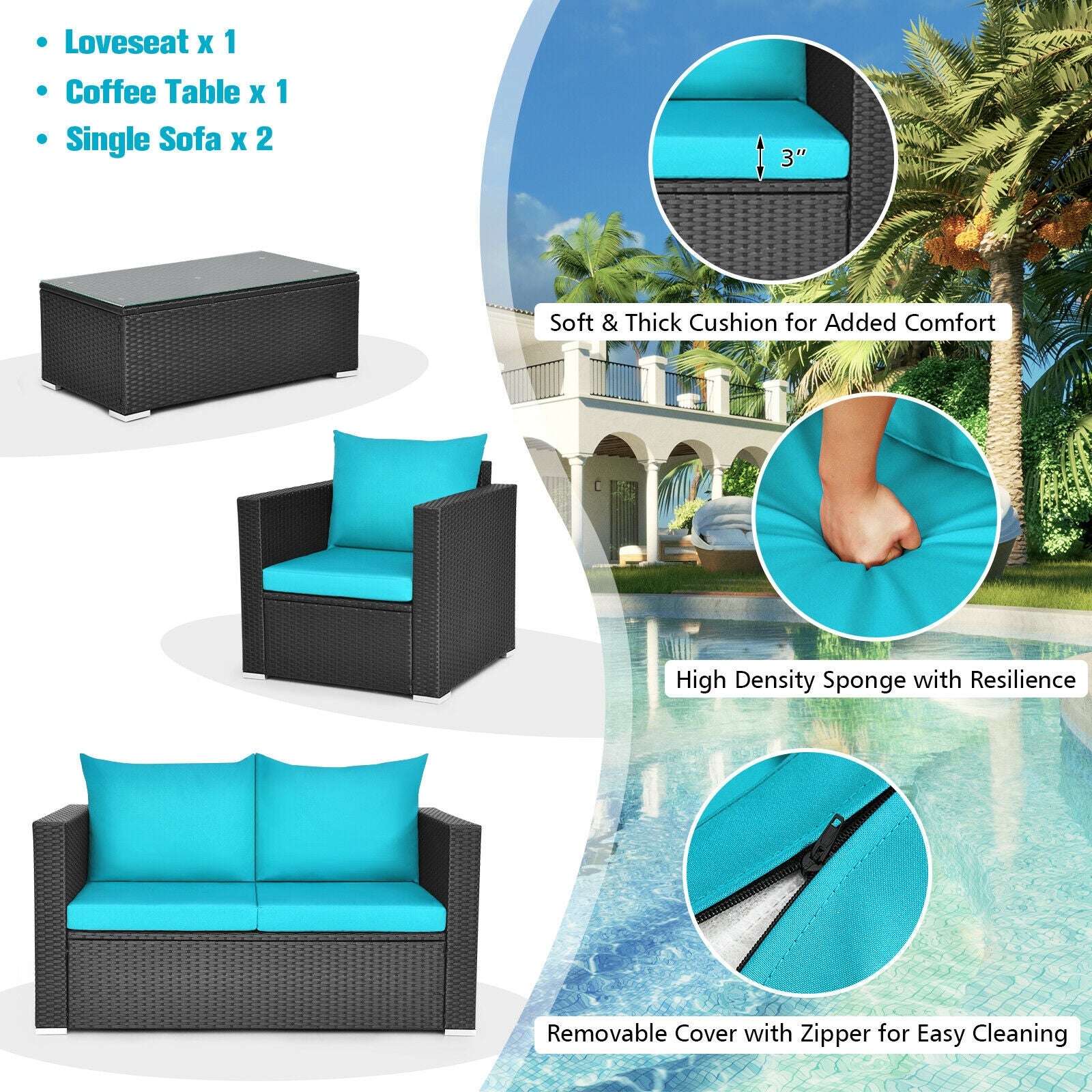 Ensemble de 4 meubles de patio en rotin coussiné - Turquoise