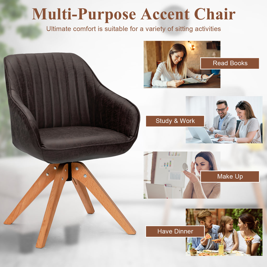 Mid-Century Swivel Accent Chair PU Leather Vanity Study Armchair-Dark Brown