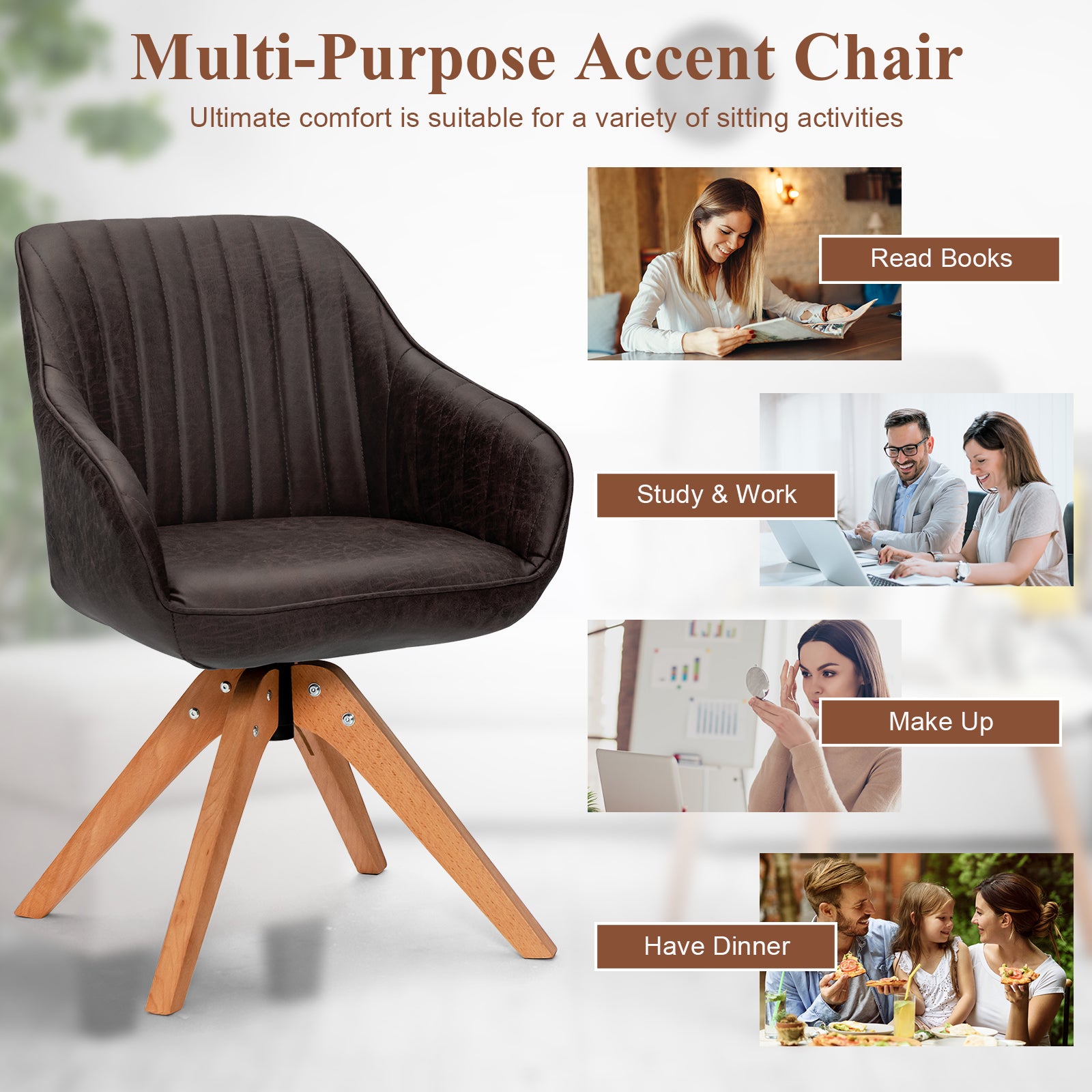 Mid-Century Swivel Accent Chair PU Leather Vanity Study Armchair-Dark Brown