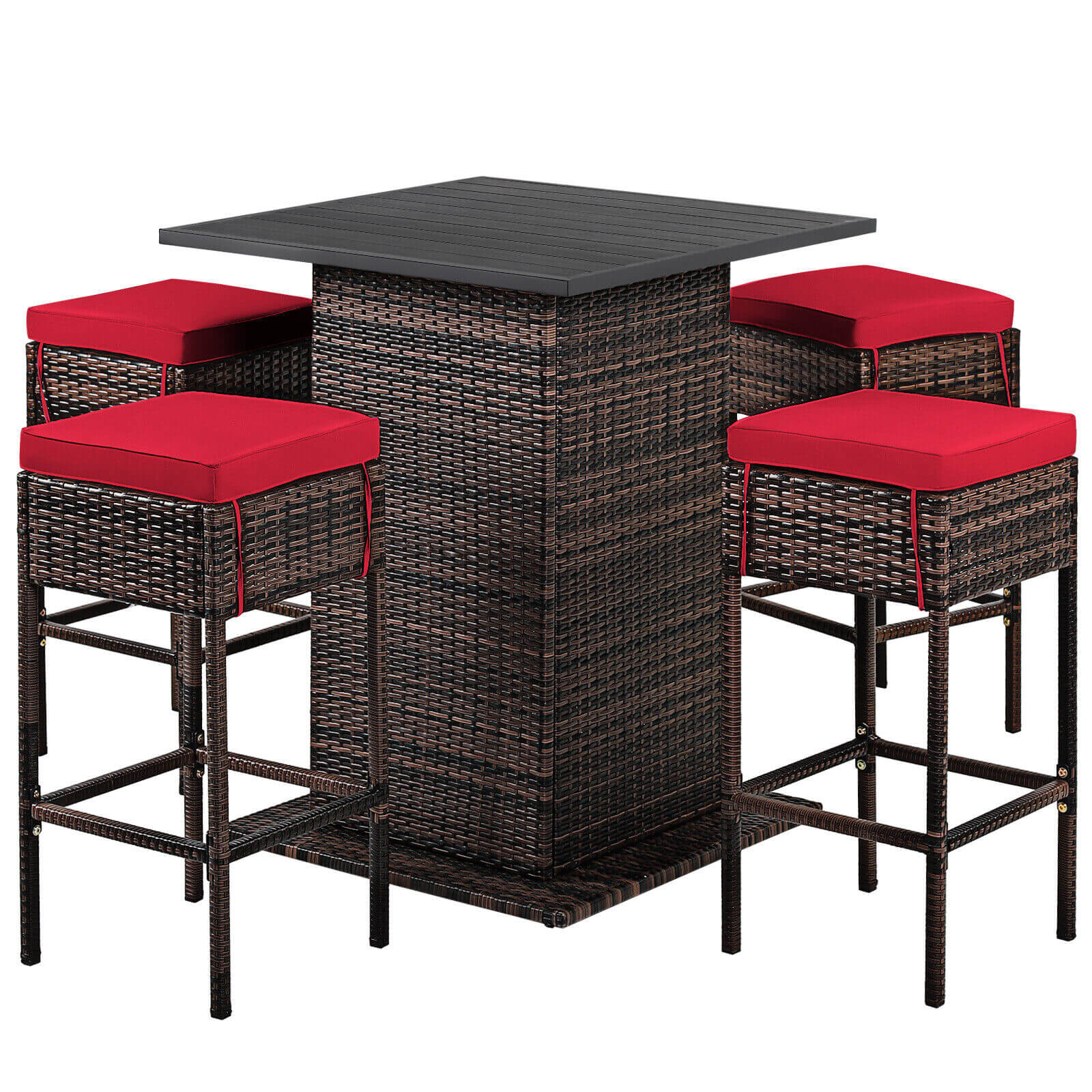 Ensemble de 5 pièces de table de bar et tabourets de patio en rotin avec étagère de rangement cachée et coussins – Rouge
