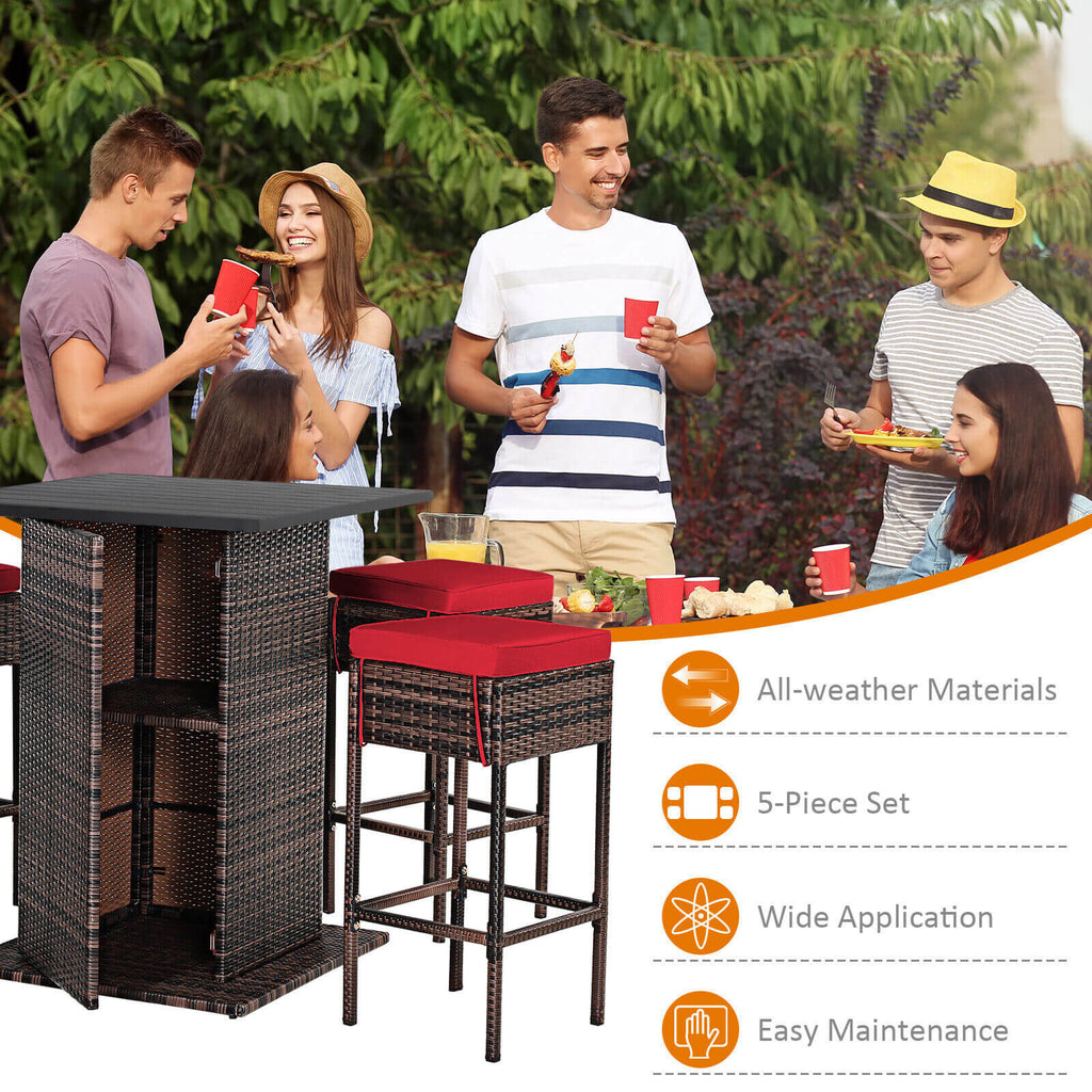Ensemble de 5 pièces de table de bar et tabourets de patio en rotin avec étagère de rangement cachée et coussins – Rouge
