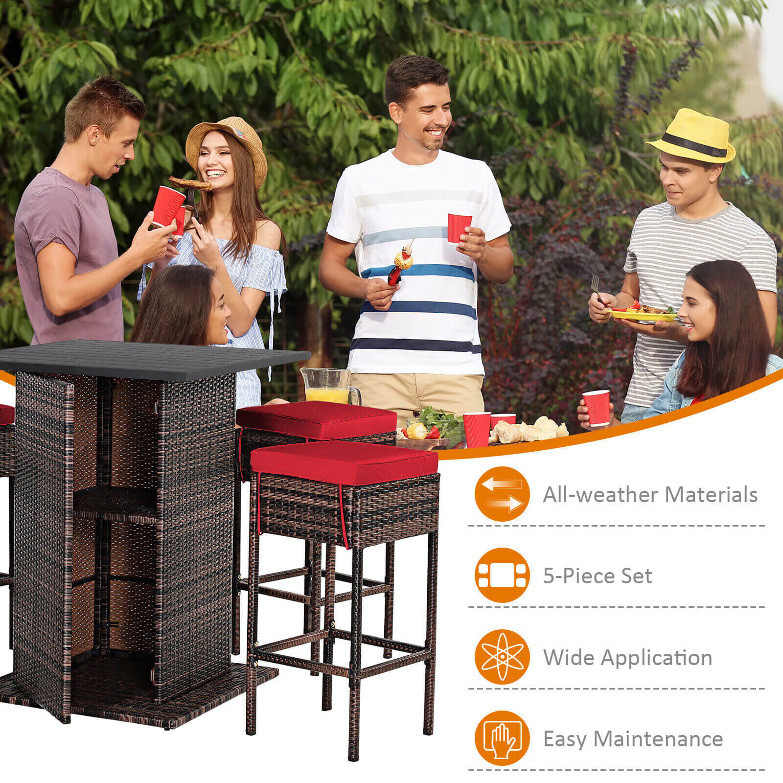 Ensemble de 5 pièces de table de bar et tabourets de patio en rotin avec étagère de rangement cachée et coussins – Rouge