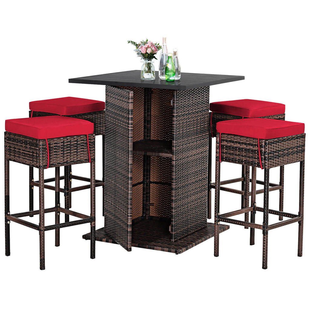 Ensemble de 5 pièces de table de bar et tabourets de patio en rotin avec étagère de rangement cachée et coussins – Rouge