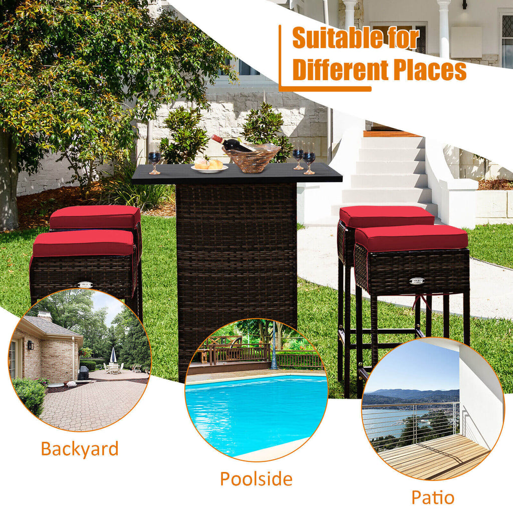 Ensemble de 5 pièces de table de bar et tabourets de patio en rotin avec étagère de rangement cachée et coussins – Rouge