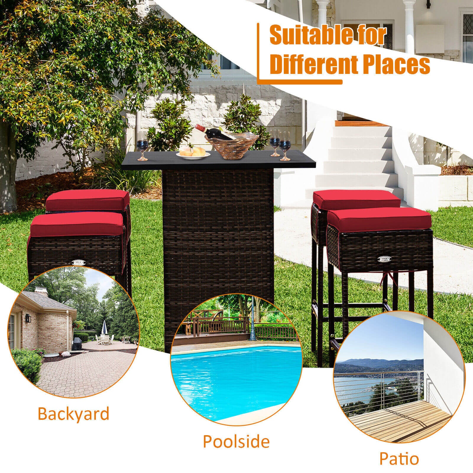Ensemble de 5 pièces de table de bar et tabourets de patio en rotin avec étagère de rangement cachée et coussins – Rouge