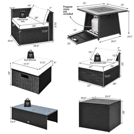 9 Pieces Outdoor Wicker Sectional with 35 Inch Gas Fire Pit Table-Turquoise