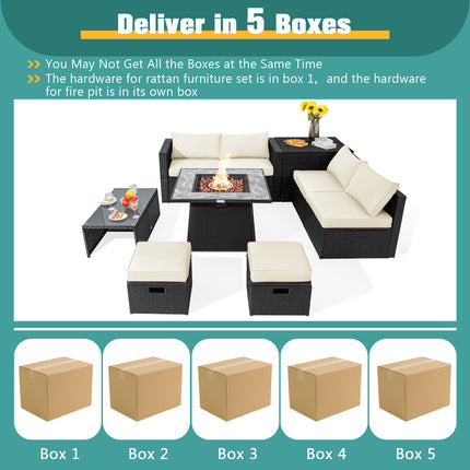 9 Pieces Outdoor Wicker Sectional with 35 Inch Gas Fire Pit Table-Off White