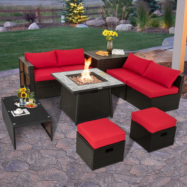 9 Pieces Patio PE Wicker Sectional Set with 50000 BTU Fire Pit Table-Red
