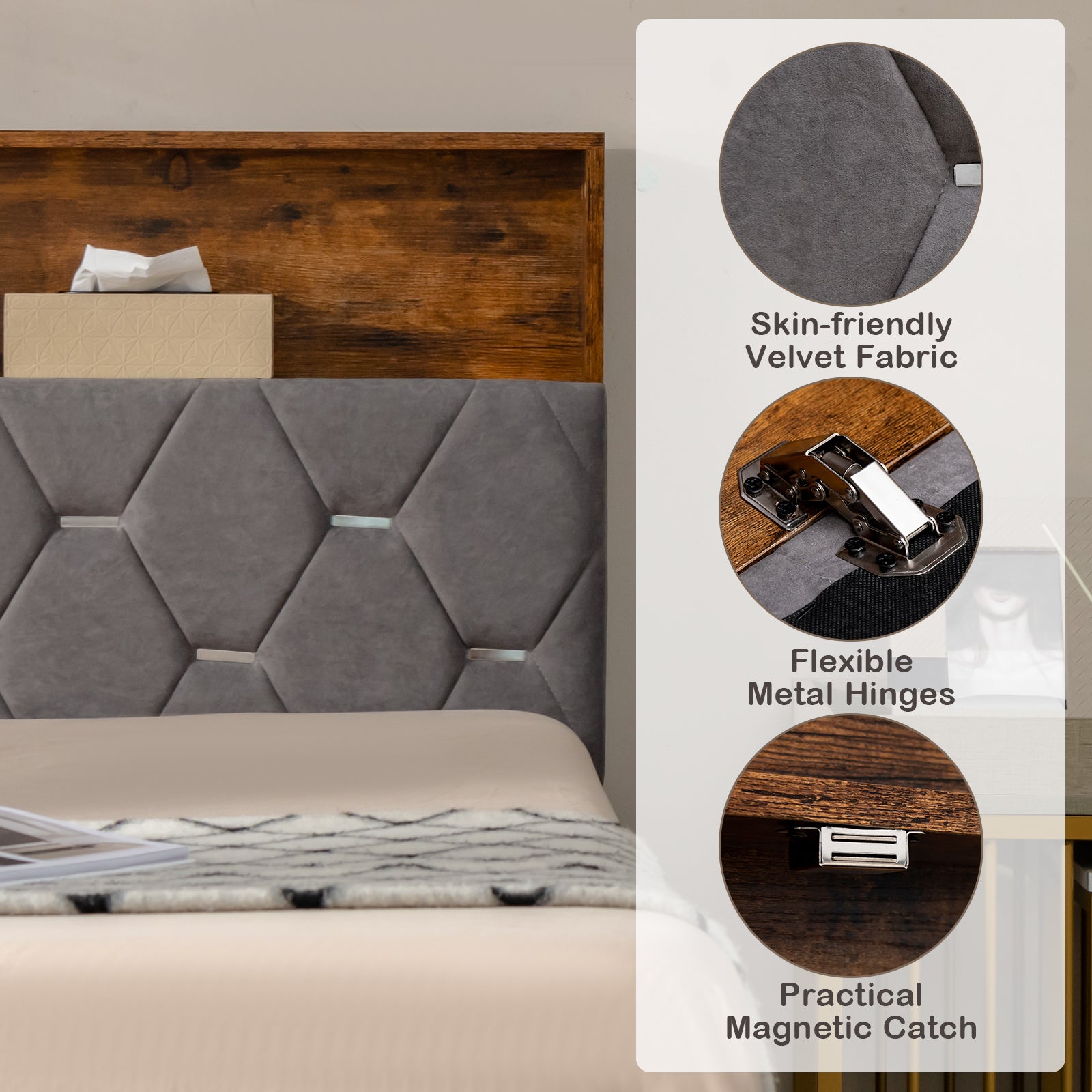 Full/Queen Size Upholstered Bed Frame with Storage Headboard-Full Size