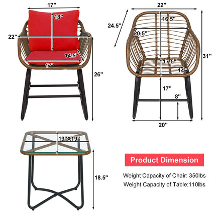 3 Pieces Patio Rattan Bistro Set with Cushions and Glass Table-Red