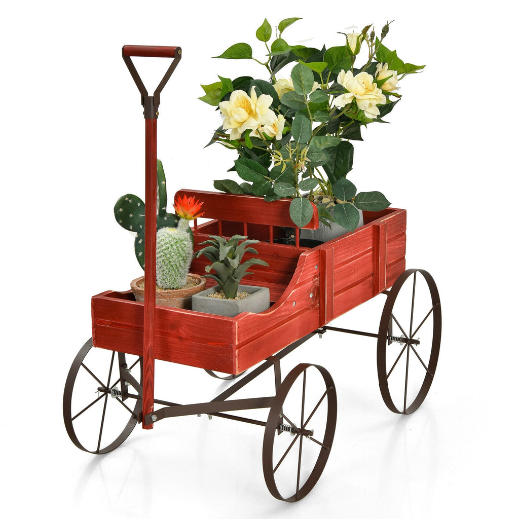Jardinière charrette en bois avec roue pour jardin-Rouge
