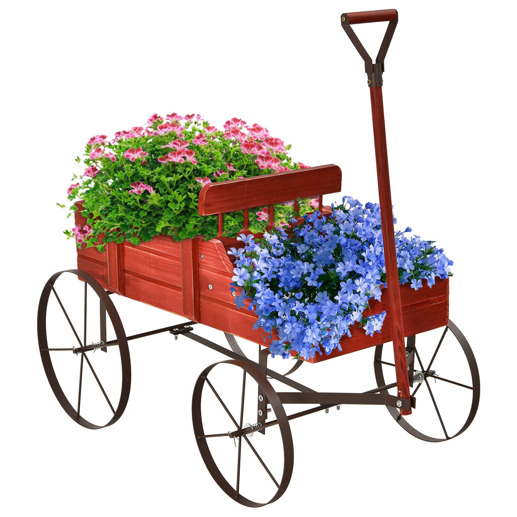 Jardinière charrette en bois avec roue pour jardin-Rouge