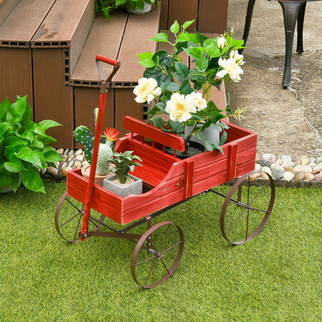 Jardinière charrette en bois avec roue pour jardin-Rouge