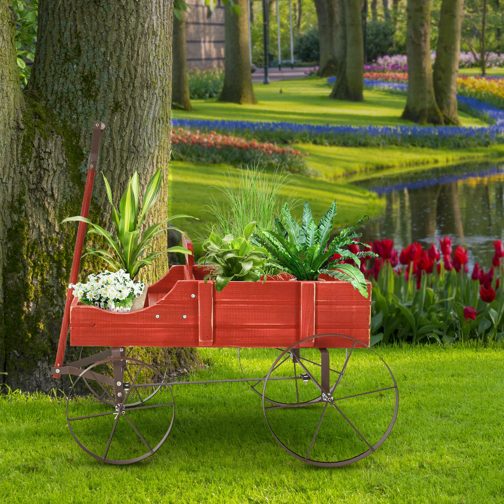 Jardinière charrette en bois avec roue pour jardin-Rouge