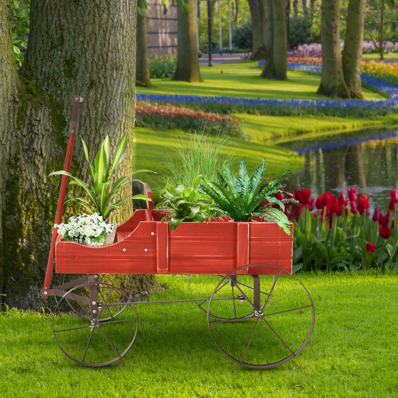 Jardinière charrette en bois avec roue pour jardin-Rouge