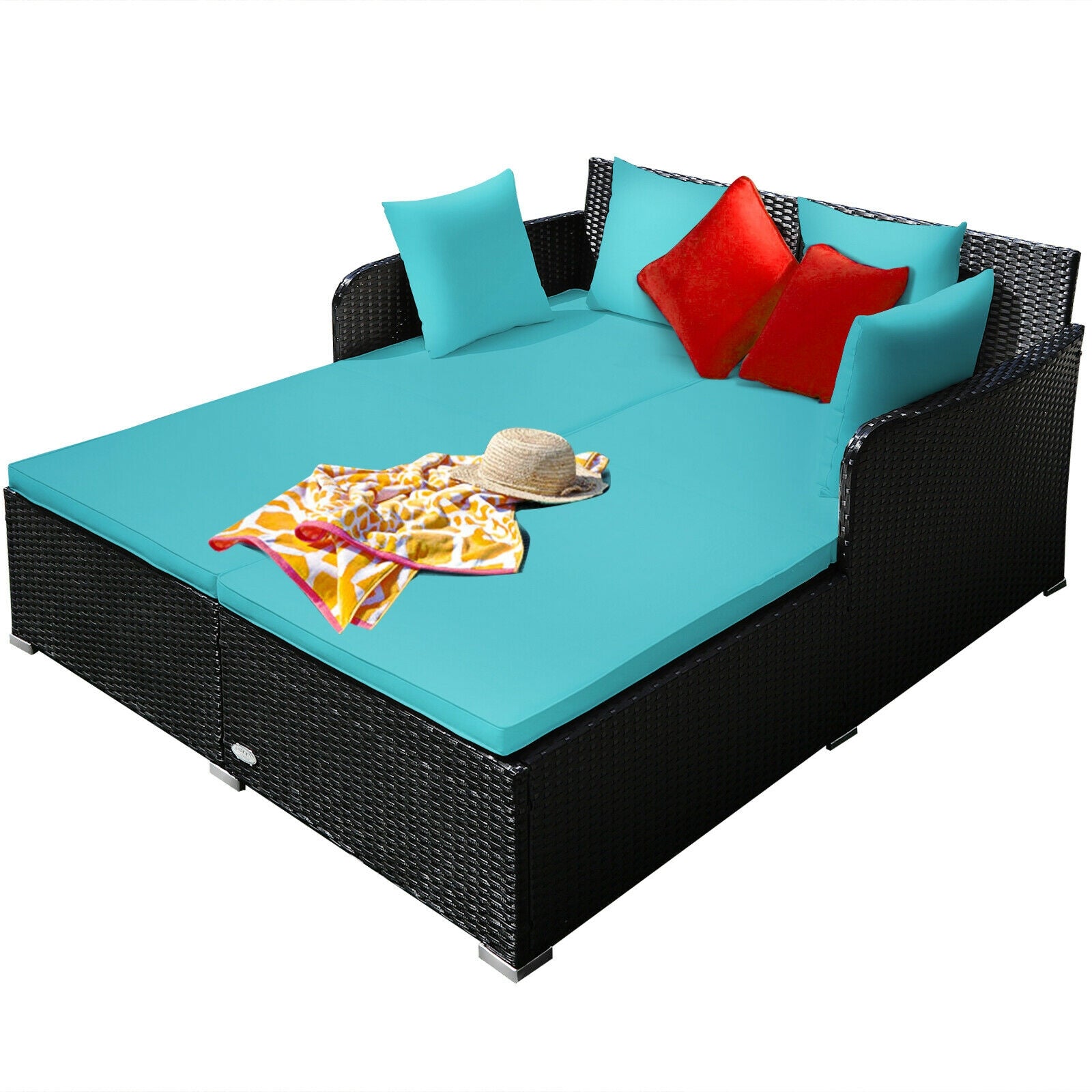 Lit de repos d'extérieur spacieux en rotin avec coussins et oreillers rembourrés-Turquoise