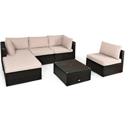 6 Pieces Outdoor Patio Rattan Furniture Set Sofa Ottoman-Coffee
