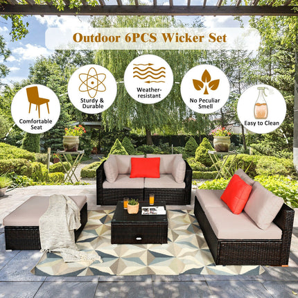 6 Pieces Outdoor Patio Rattan Furniture Set Sofa Ottoman-Coffee