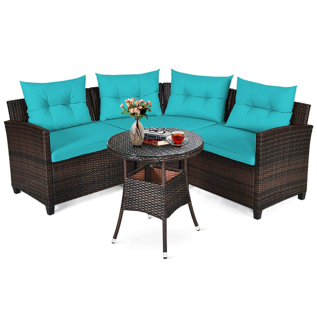 Ensemble de mobilier d'extérieur 4 pièces en rotin rembourré - Turquoise