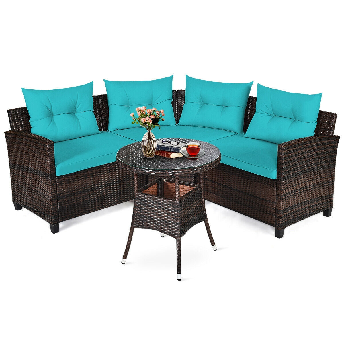 Ensemble de mobilier d'extérieur 4 pièces en rotin rembourré - Turquoise