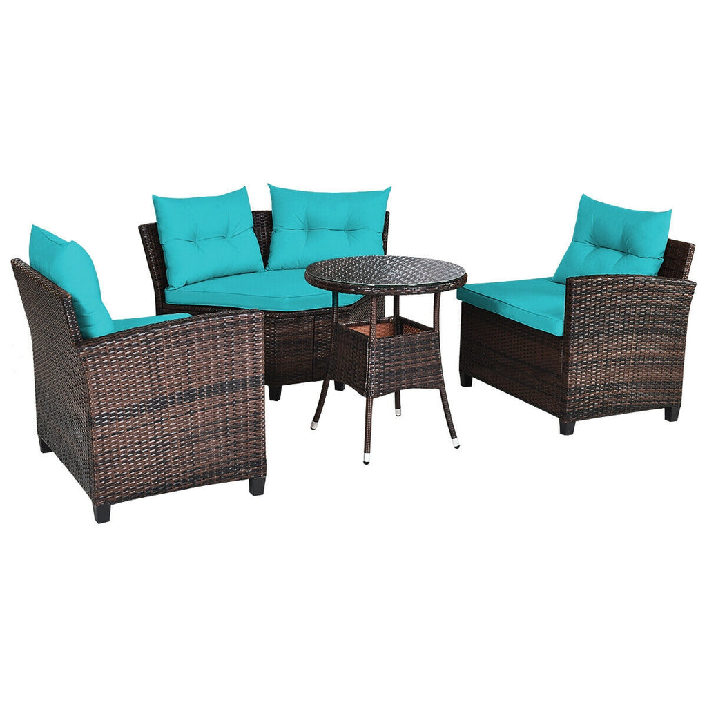Ensemble de mobilier d'extérieur 4 pièces en rotin rembourré - Turquoise