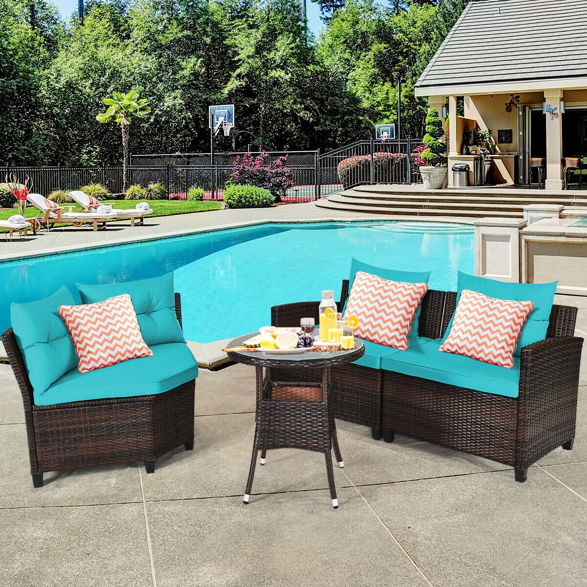 Ensemble de mobilier d'extérieur 4 pièces en rotin rembourré - Turquoise