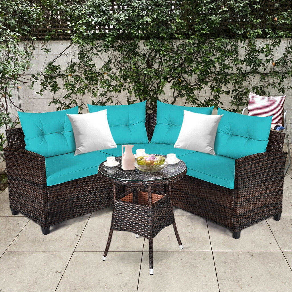 Ensemble de mobilier d'extérieur 4 pièces en rotin rembourré - Turquoise