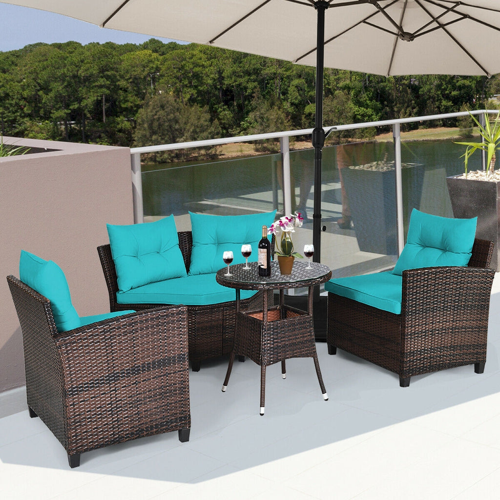 Ensemble de mobilier d'extérieur 4 pièces en rotin rembourré - Turquoise
