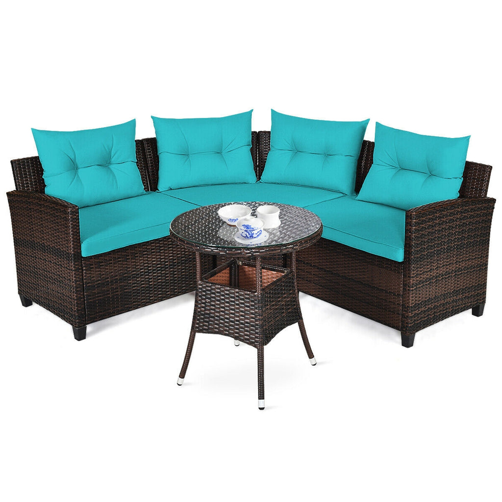 Ensemble de mobilier d'extérieur 4 pièces en rotin rembourré - Turquoise
