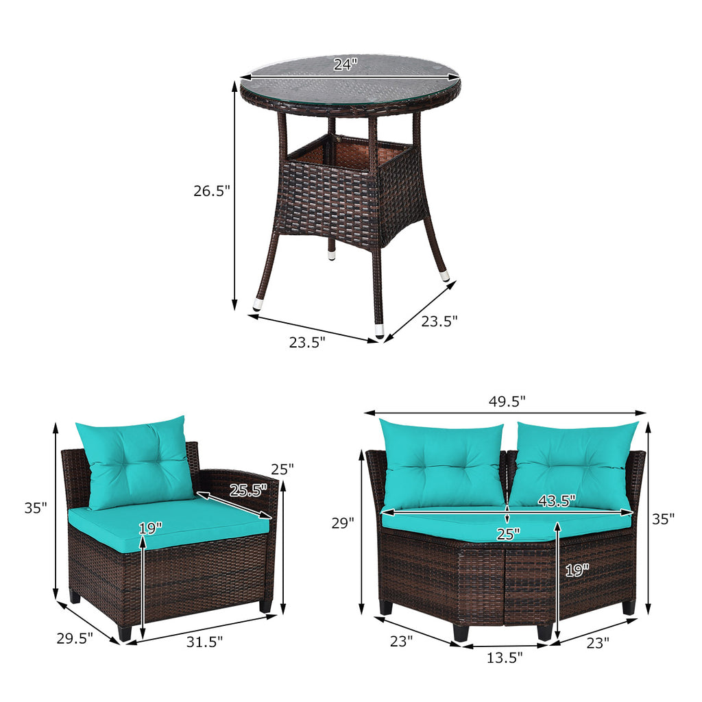 Ensemble de mobilier d'extérieur 4 pièces en rotin rembourré - Turquoise