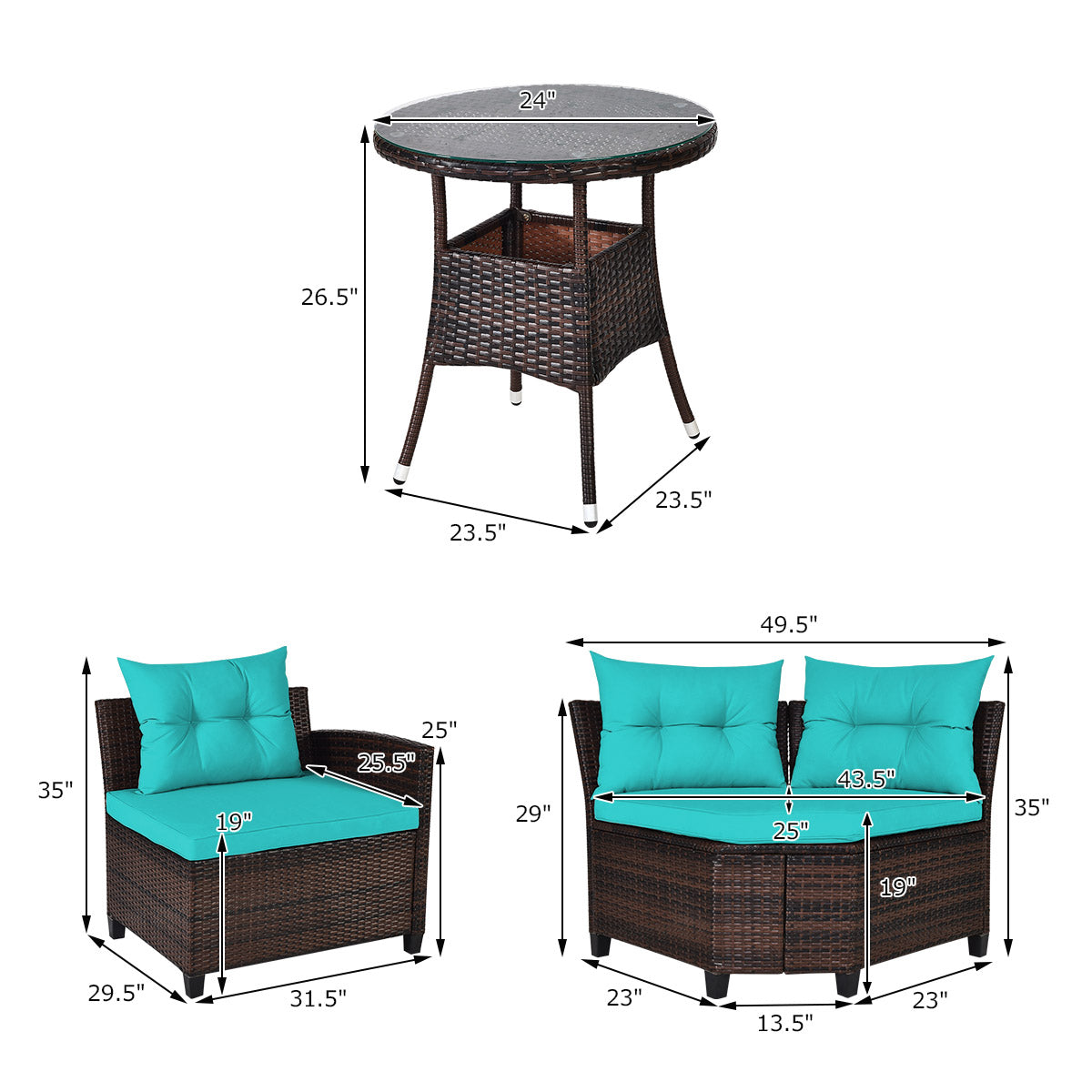Ensemble de mobilier d'extérieur 4 pièces en rotin rembourré - Turquoise