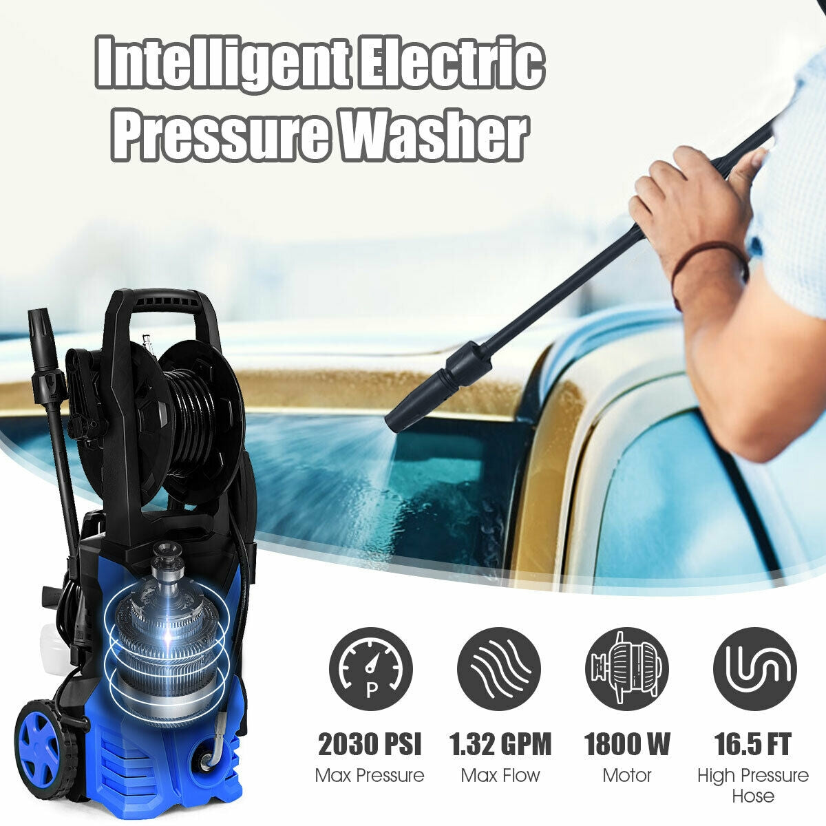 Nettoyeur haute pression électrique 1800W 2030PSI avec enrouleur de tuyau - Bleu
