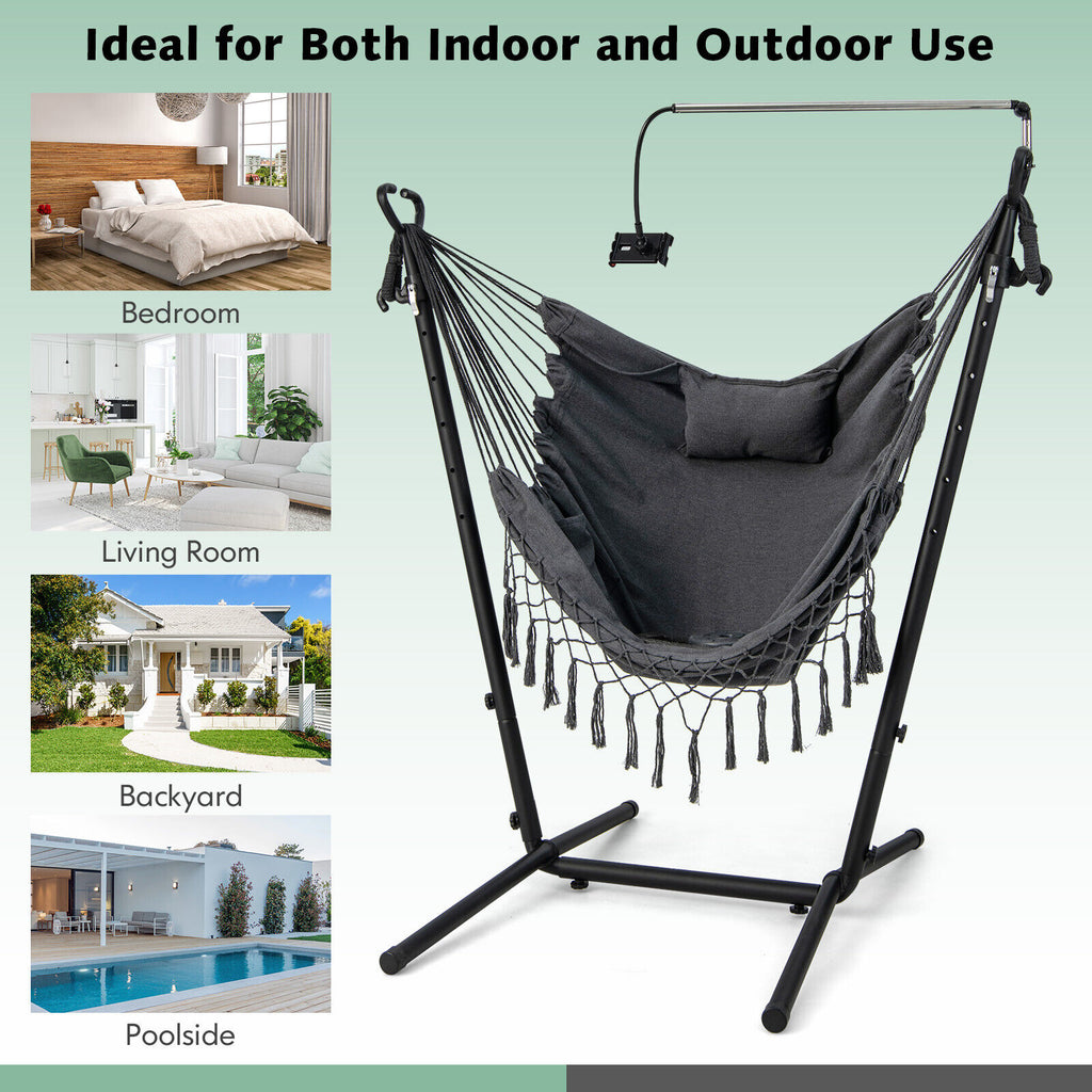 Height Adjustable Hammock Chair with Phone Holder and Side Pocket-Gray