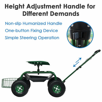 Heavy Duty Garden Cart with Tool Tray and 360 Swivel Seat-Green