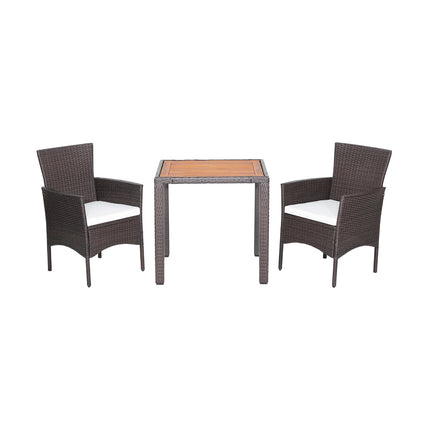 3 Pieces Patio Wicker Furniture Set wih Acacia Wood Table Top and Chair Cushiones