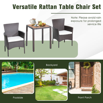 3 Pieces Patio Wicker Furniture Set wih Acacia Wood Table Top and Chair Cushiones