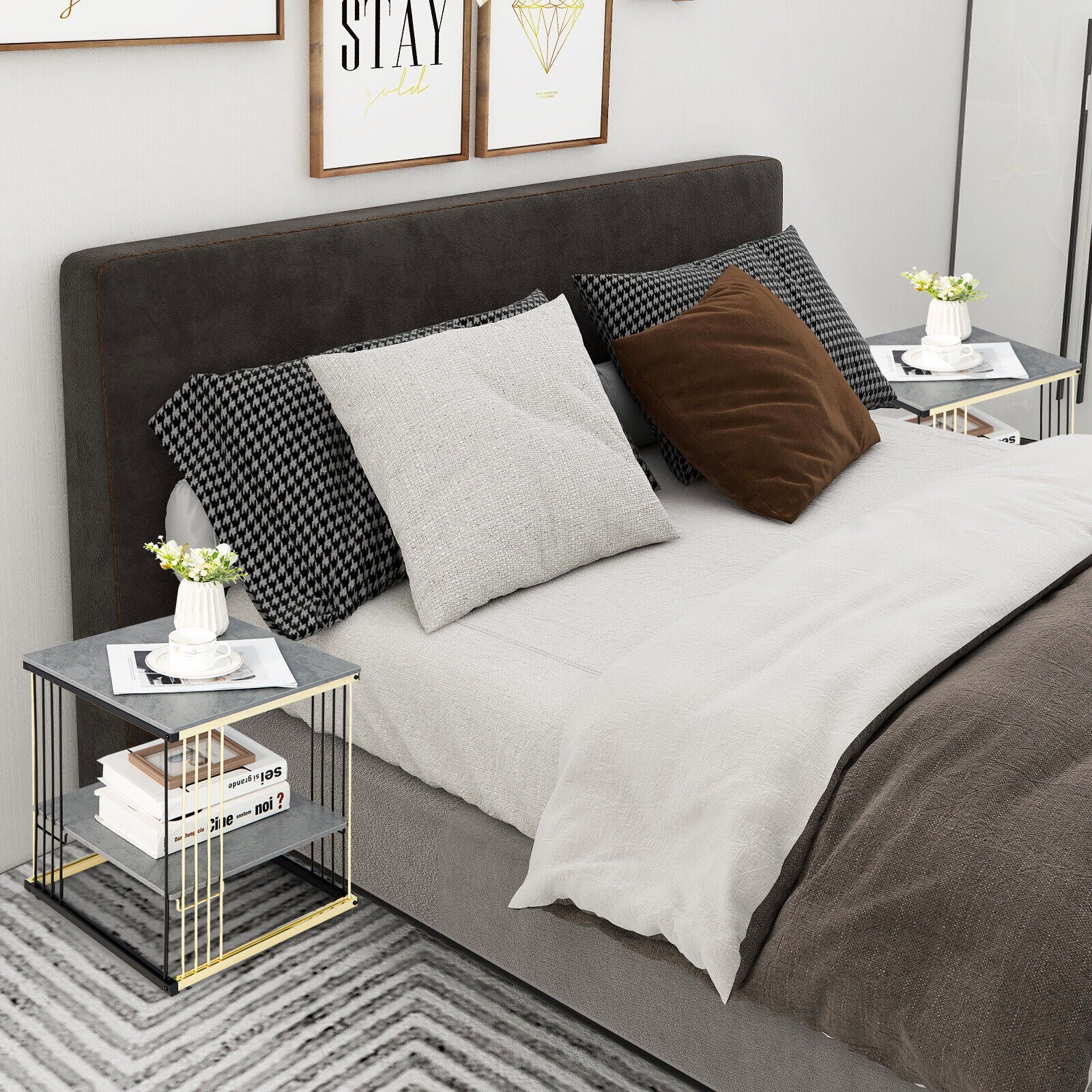 2-Tier Metal Square Side End Table with Removable Shelf-Gray