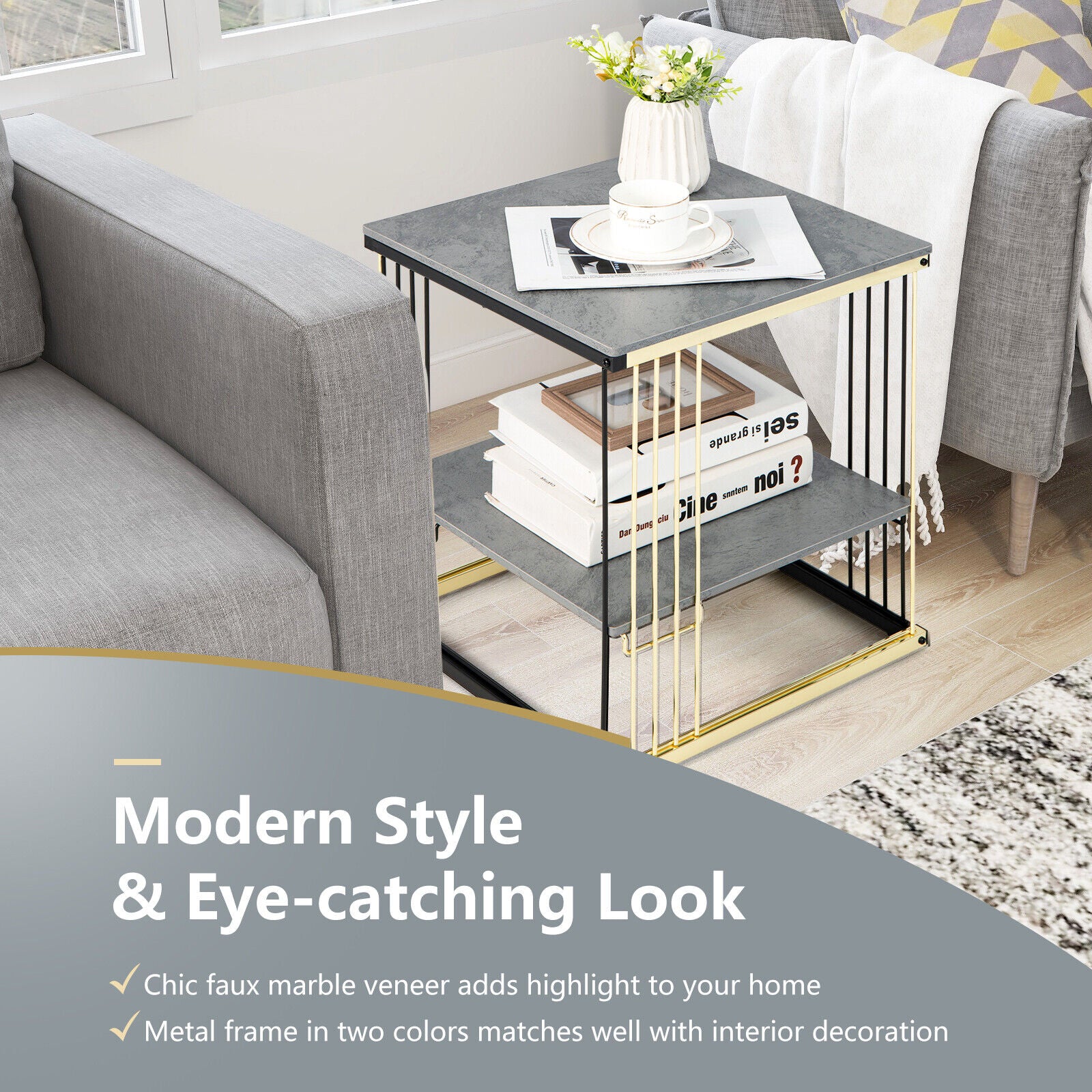 2-Tier Metal Square Side End Table with Removable Shelf-Gray