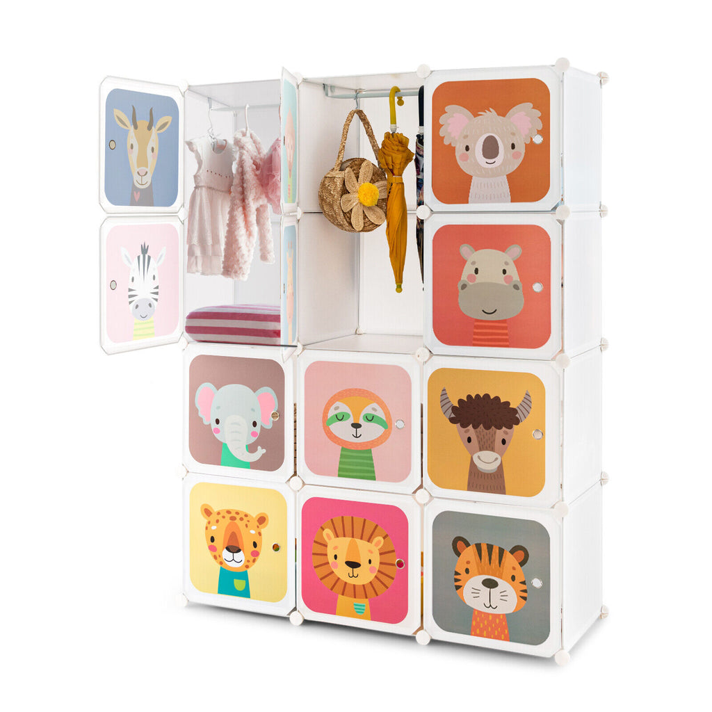 12 Cube Kids Wardrobe Closet with Hanging Section and Doors-White