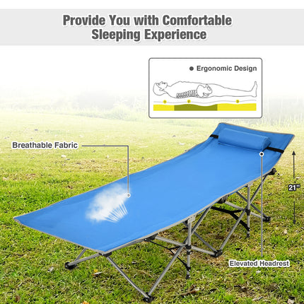 Folding Camping Cot with Side Storage Pocket Detachable Headrest-Blue