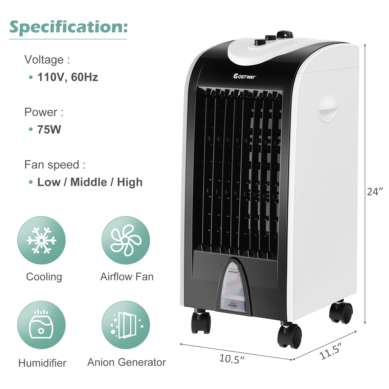 3-in-1 Portable Evaporative Air Cooler with Filter Knob for Indoor