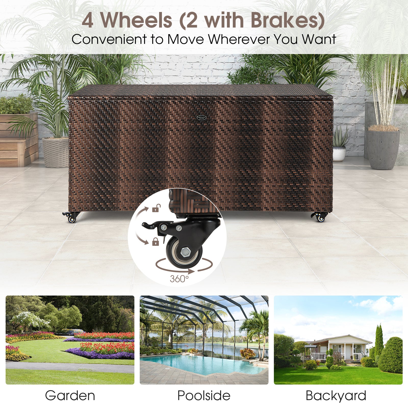 96 Gallon PE Wicker Outdoor Storage Box with 4 Wheels-Brown