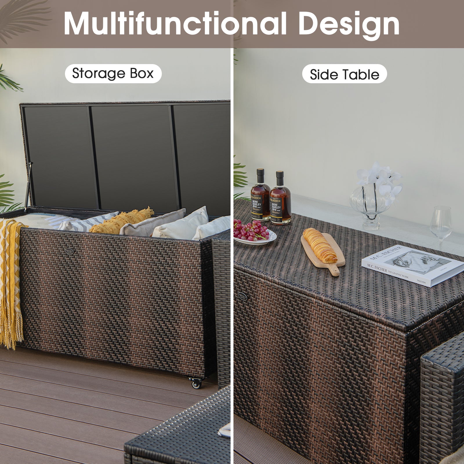 96 Gallon PE Wicker Outdoor Storage Box with 4 Wheels-Brown