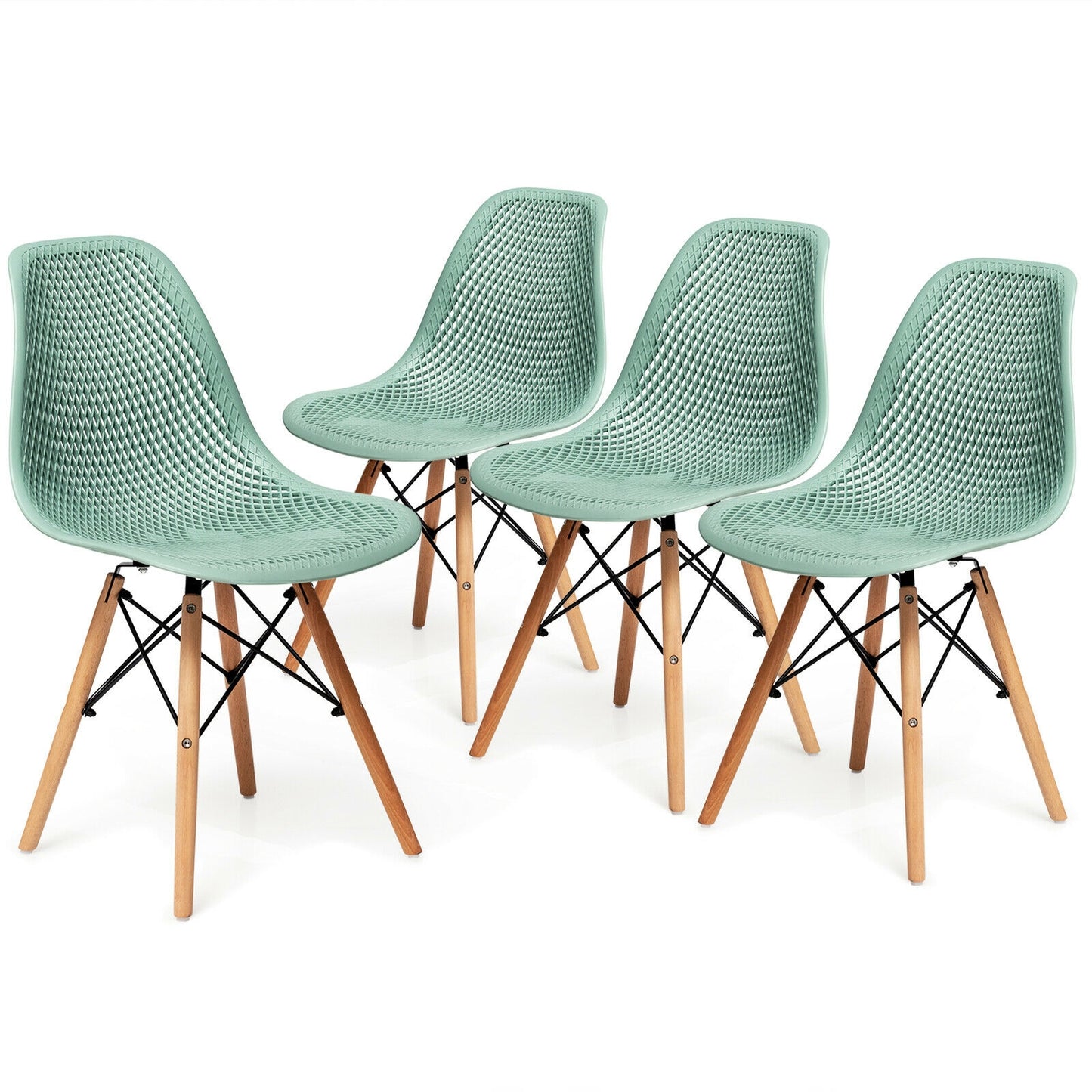 4 Pieces Modern Plastic Hollow Chair Set with Wood LegGreen