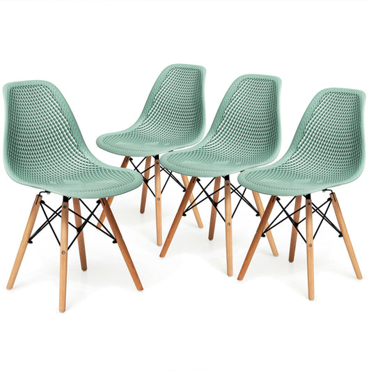 4 Pieces Modern Plastic Hollow Chair Set with Wood LegGreen