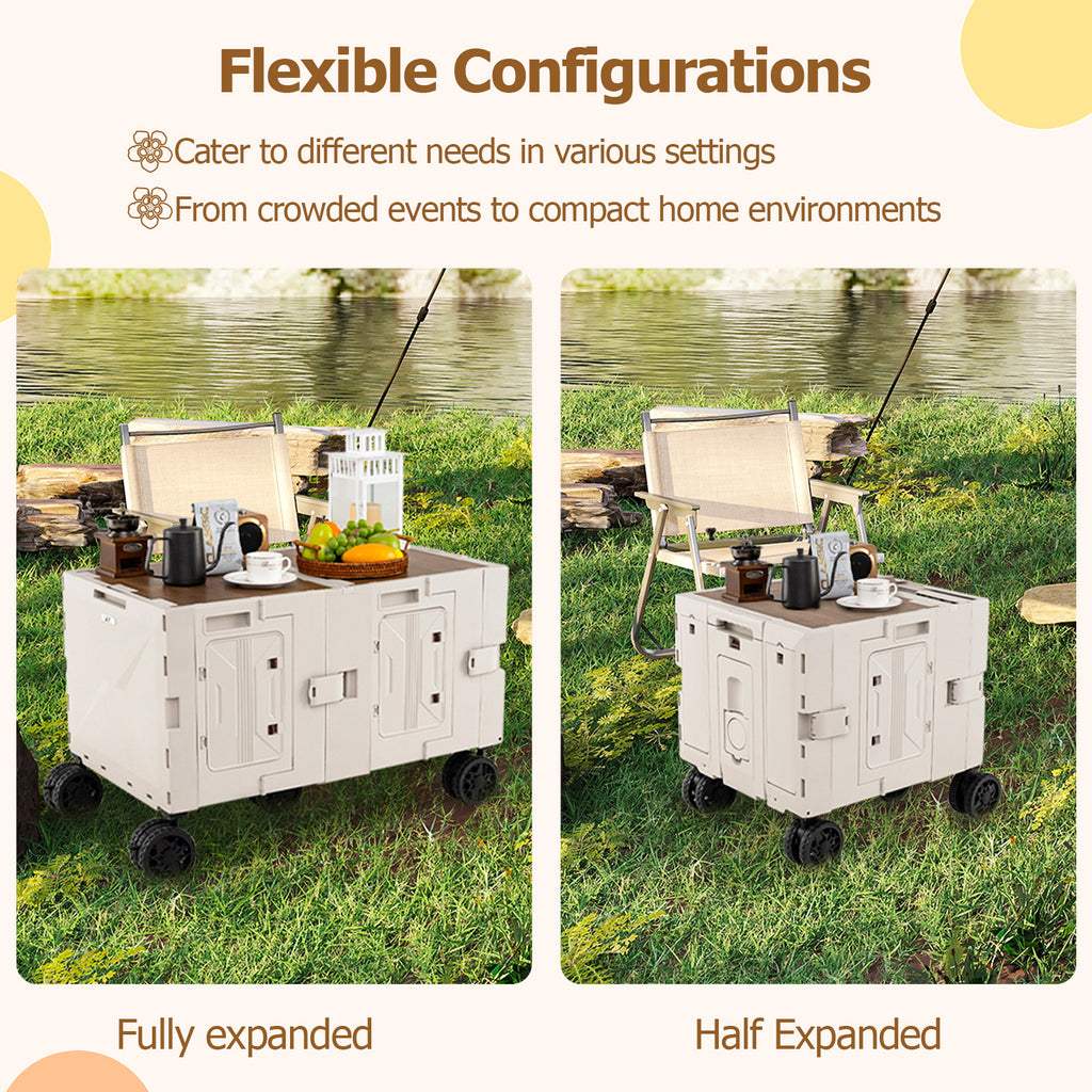 Large Foldable Utility Cart with 2-Tier Storage Crates and Telescoping Handle-White